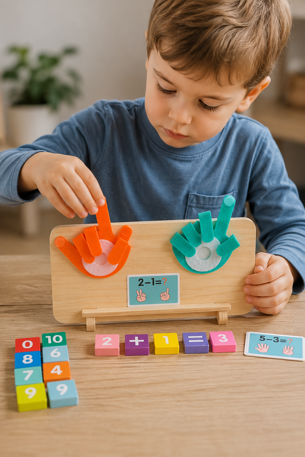 Brinquedo Educativo de Matemática em Madeira Montessori – Jogo de Contagem com Cartas, Números e Dedos