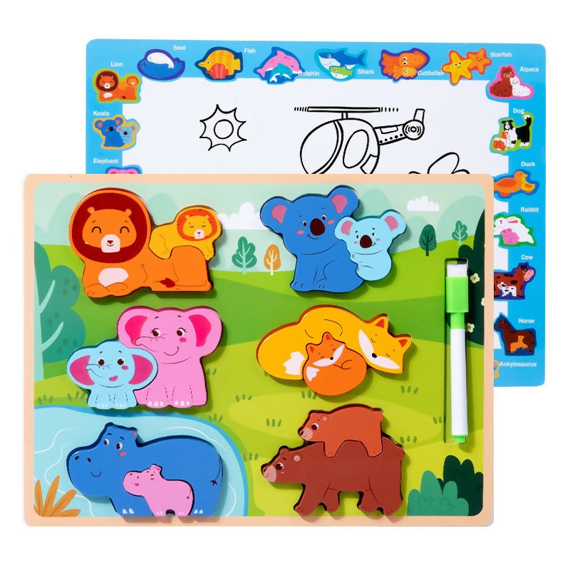 Puzzle Montessori 2-em-1: Famílias de Animais & Quadro Criativo