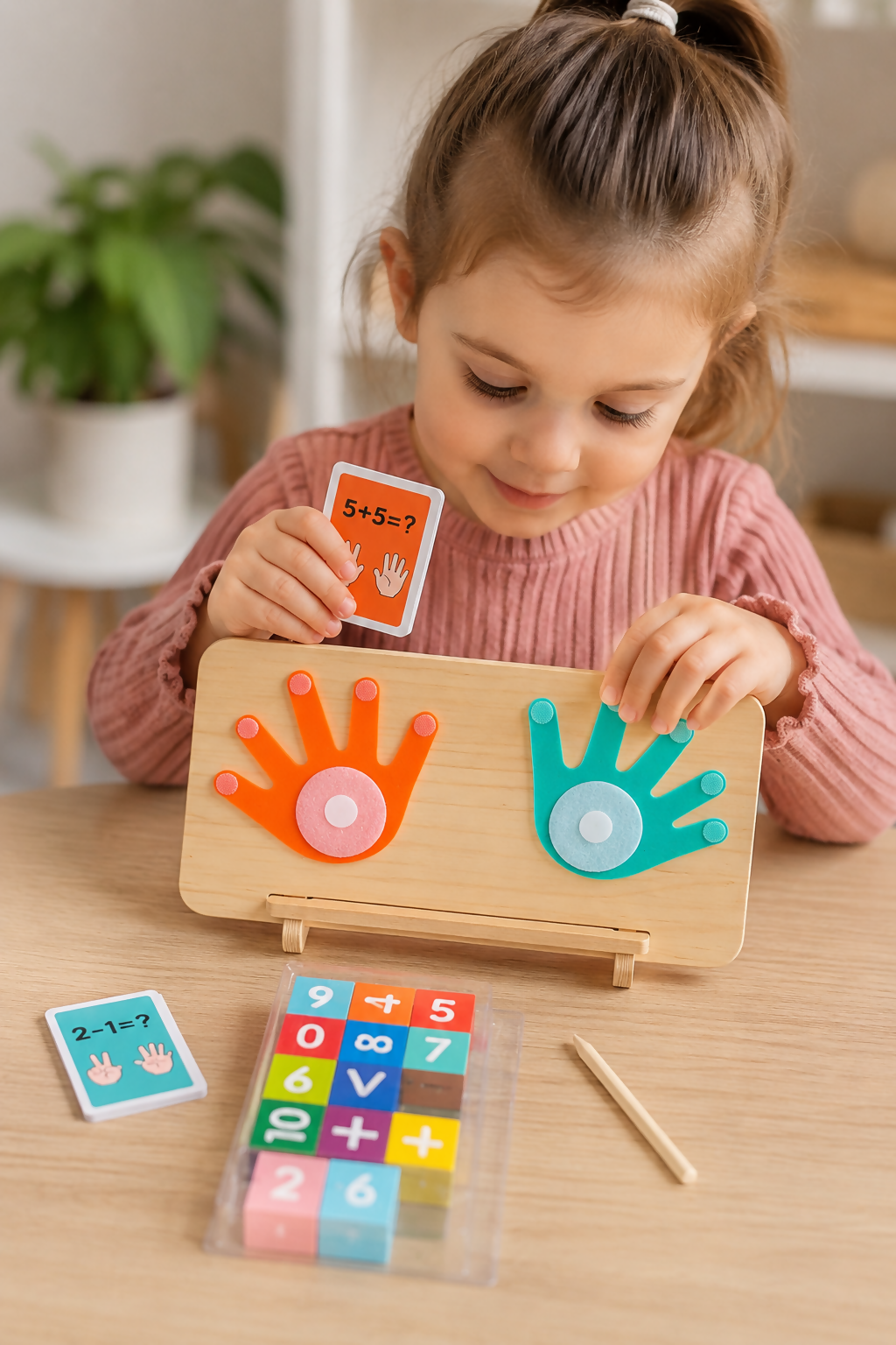 Brinquedo Educativo de Matemática em Madeira Montessori – Jogo de Contagem com Cartas, Números e Dedos